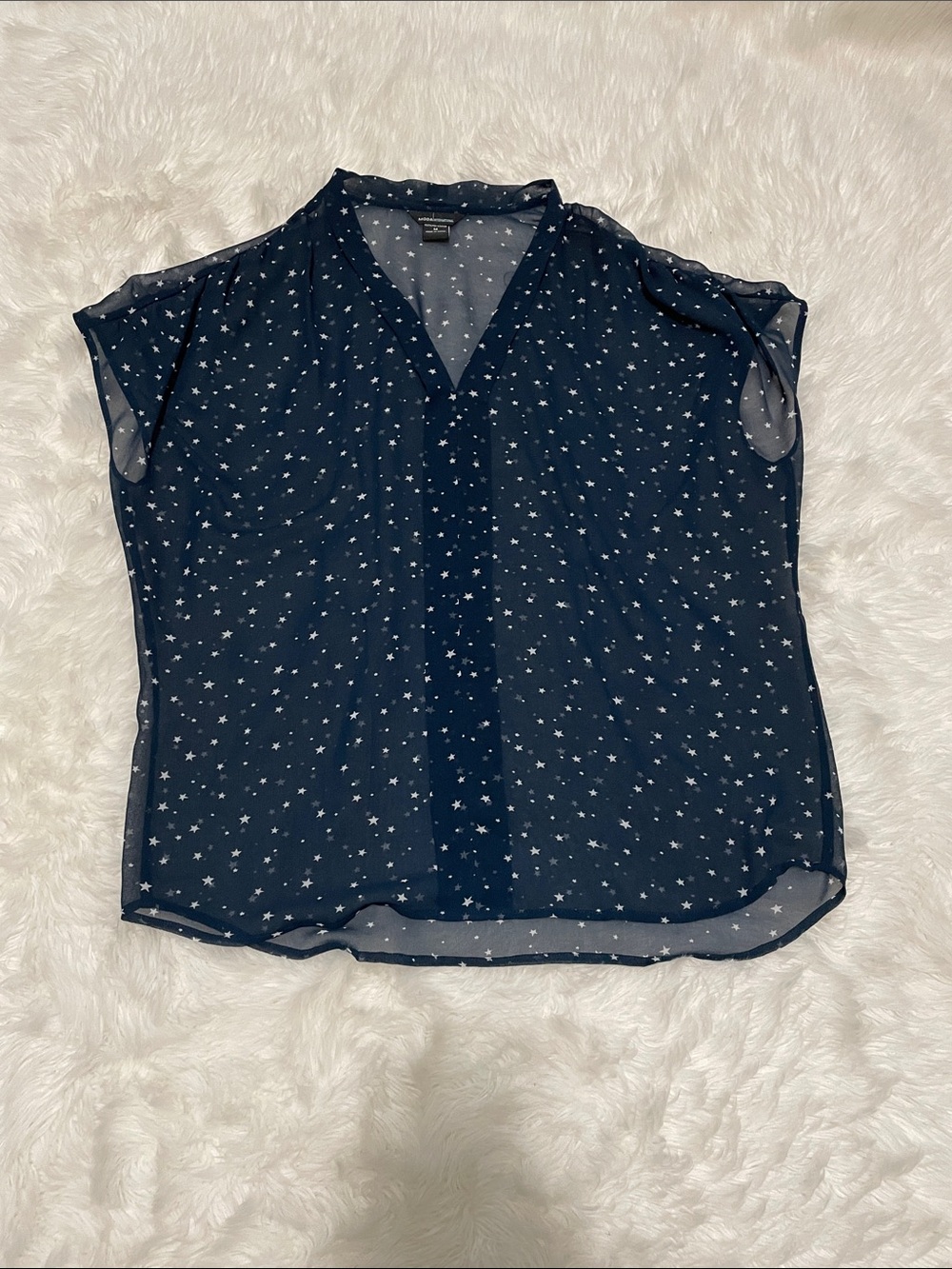Victoria's Secret Pleated Deep V-Neck dolman/cap sleeve Blouse Navy Stars Medium